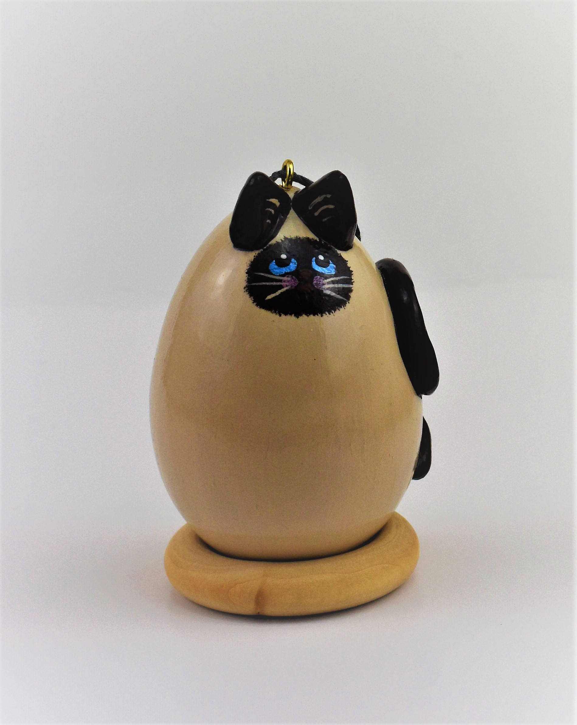 Hand painted Siamese cat gourd Christmas ornament with blue eyes and curled tail, signed OOAK cat lover gift