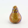 Hand painted owl ornament on natural dried gourd with vibrant colors and intricate swirl design