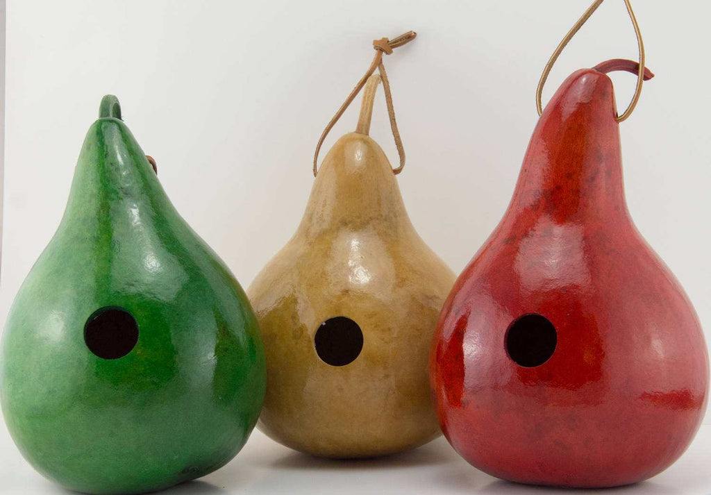 Set of three colorful hand-painted gourd birdhouses with entrance holes for wrens