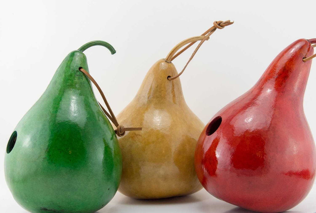 Set of three hand-painted gourd birdhouses in red, yellow, and green with entrance holes for wrens