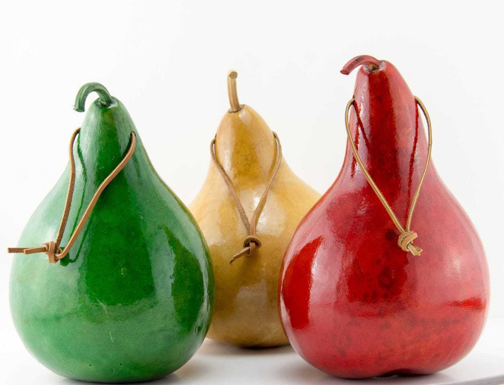 Set of three hand painted gourd birdhouses in red, yellow, and green for wrens and small birds