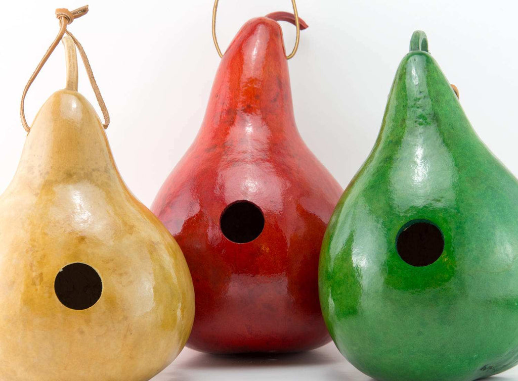 Set of three hand-painted red, yellow, and lime green gourd birdhouses with entrance holes for wrens