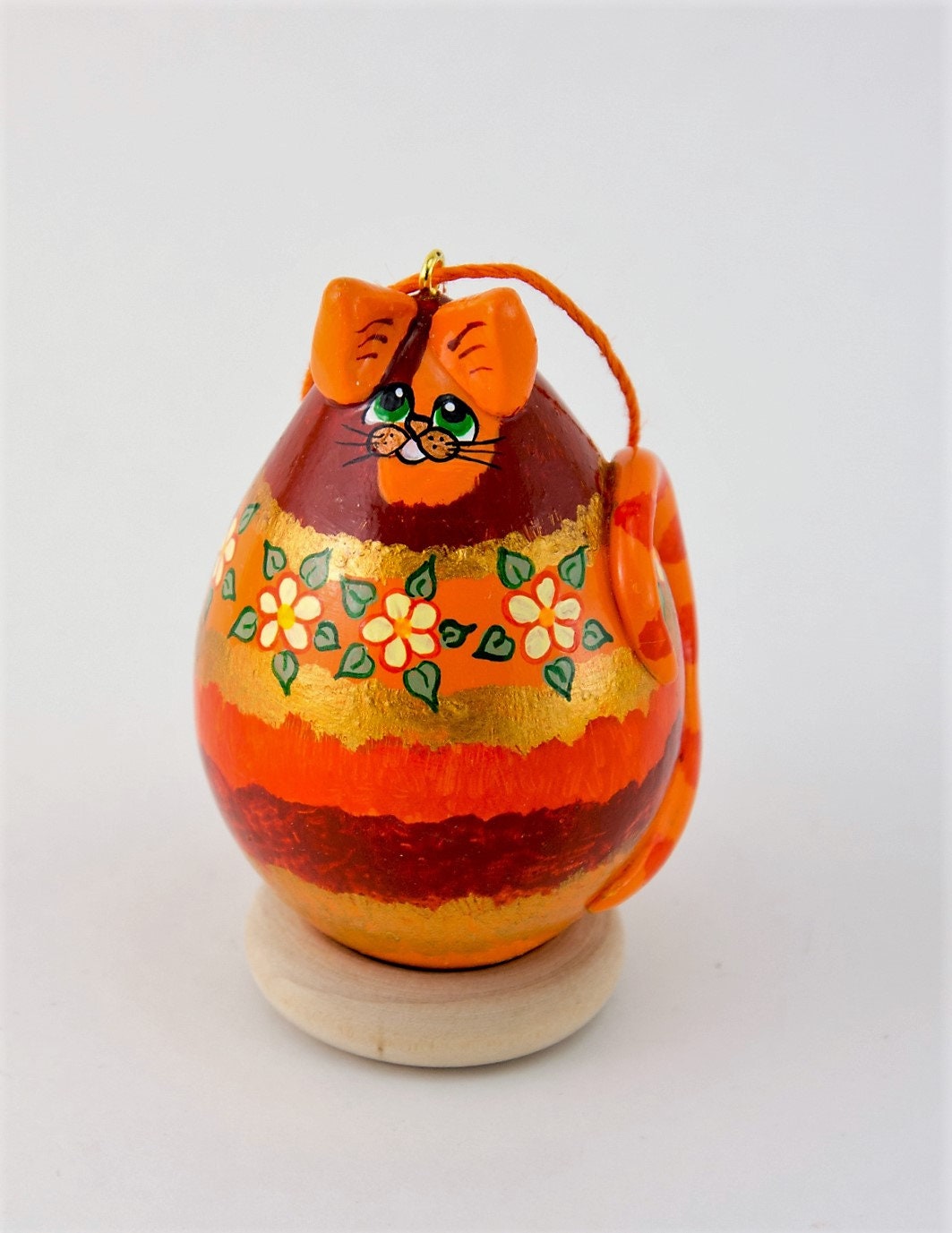 Orange Tabby Cat Ornament - Gourd Art - Floral