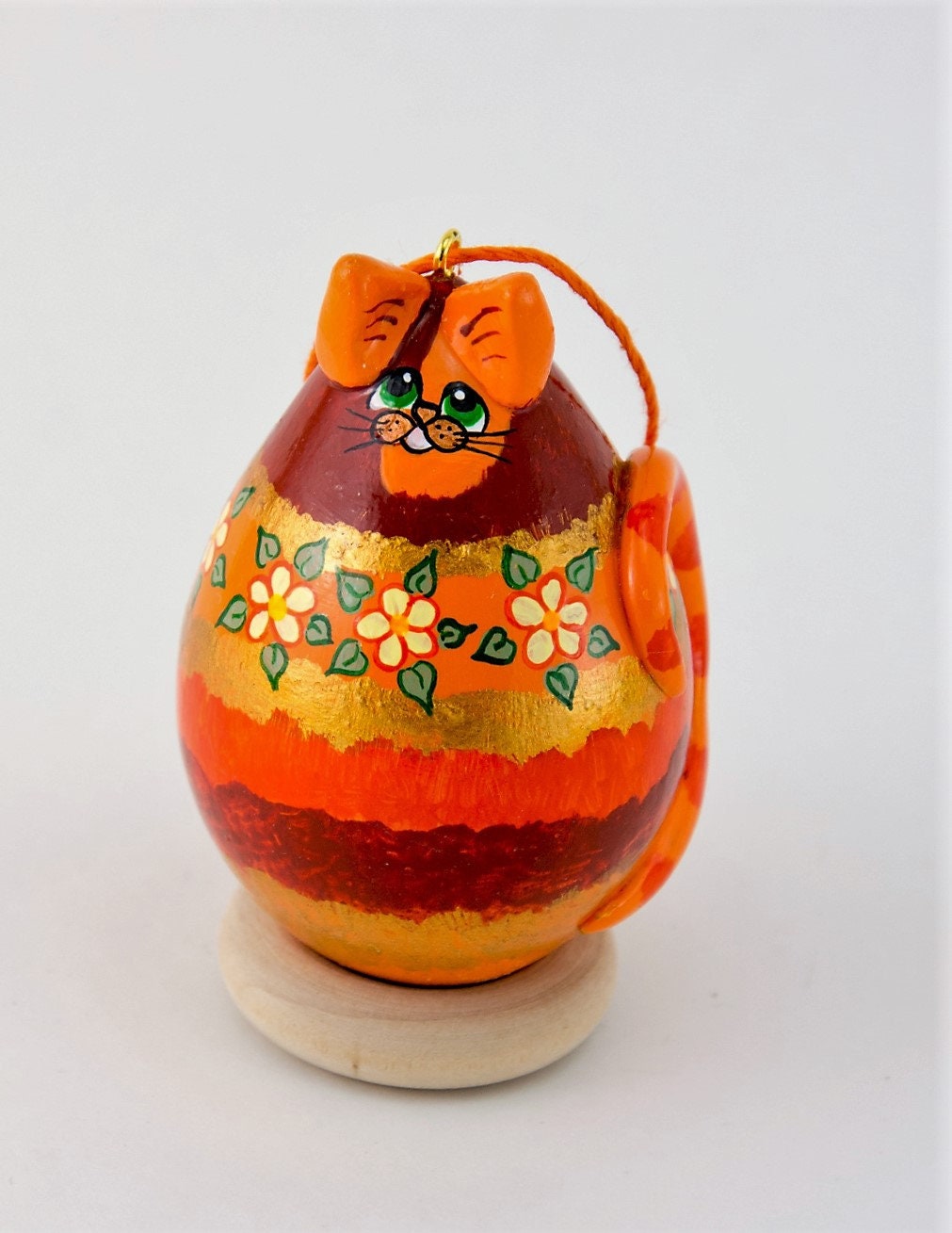 Orange Tabby Cat Ornament - Gourd Art - Floral