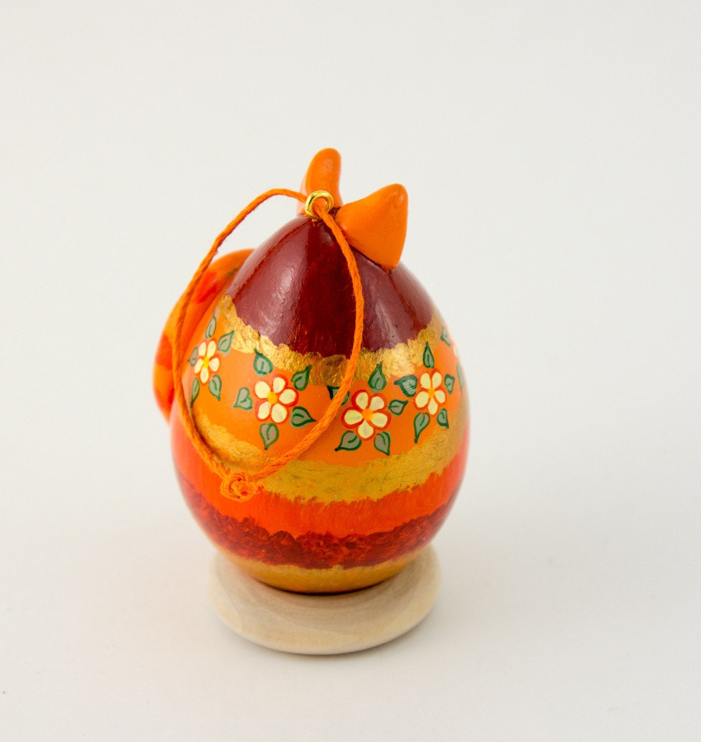 Orange Tabby Cat Ornament - Gourd Art - Floral