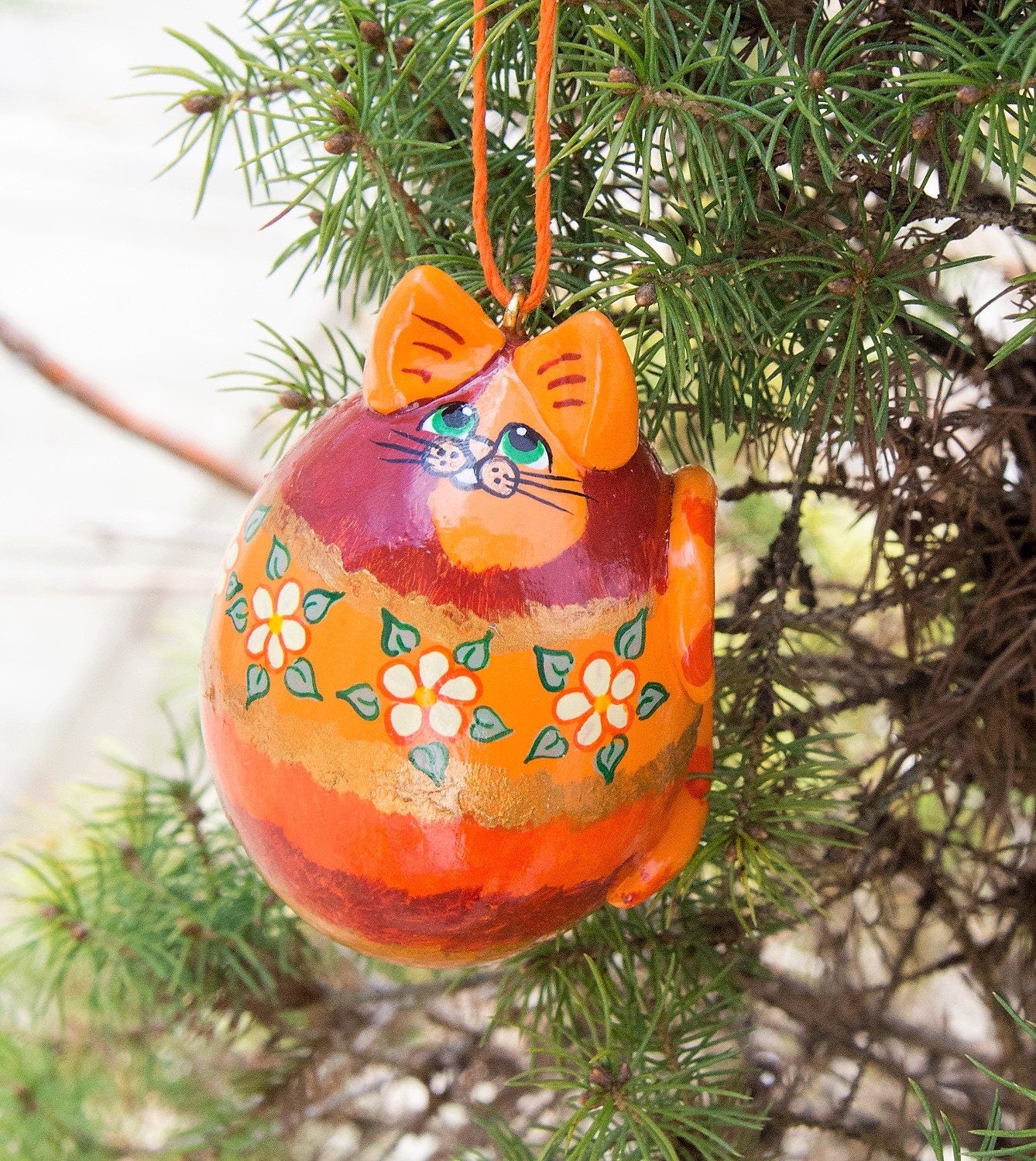 Orange Tabby Cat Ornament - Gourd Art - Floral