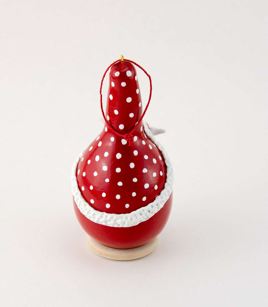 Handmade red Santa gourd ornament with white polka dots and trim for holiday decor