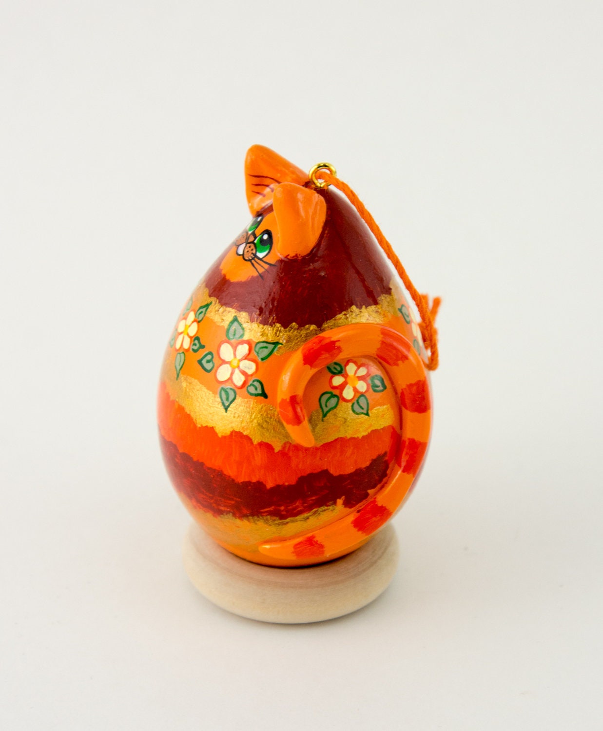 Orange Tabby Cat Ornament - Gourd Art - Floral