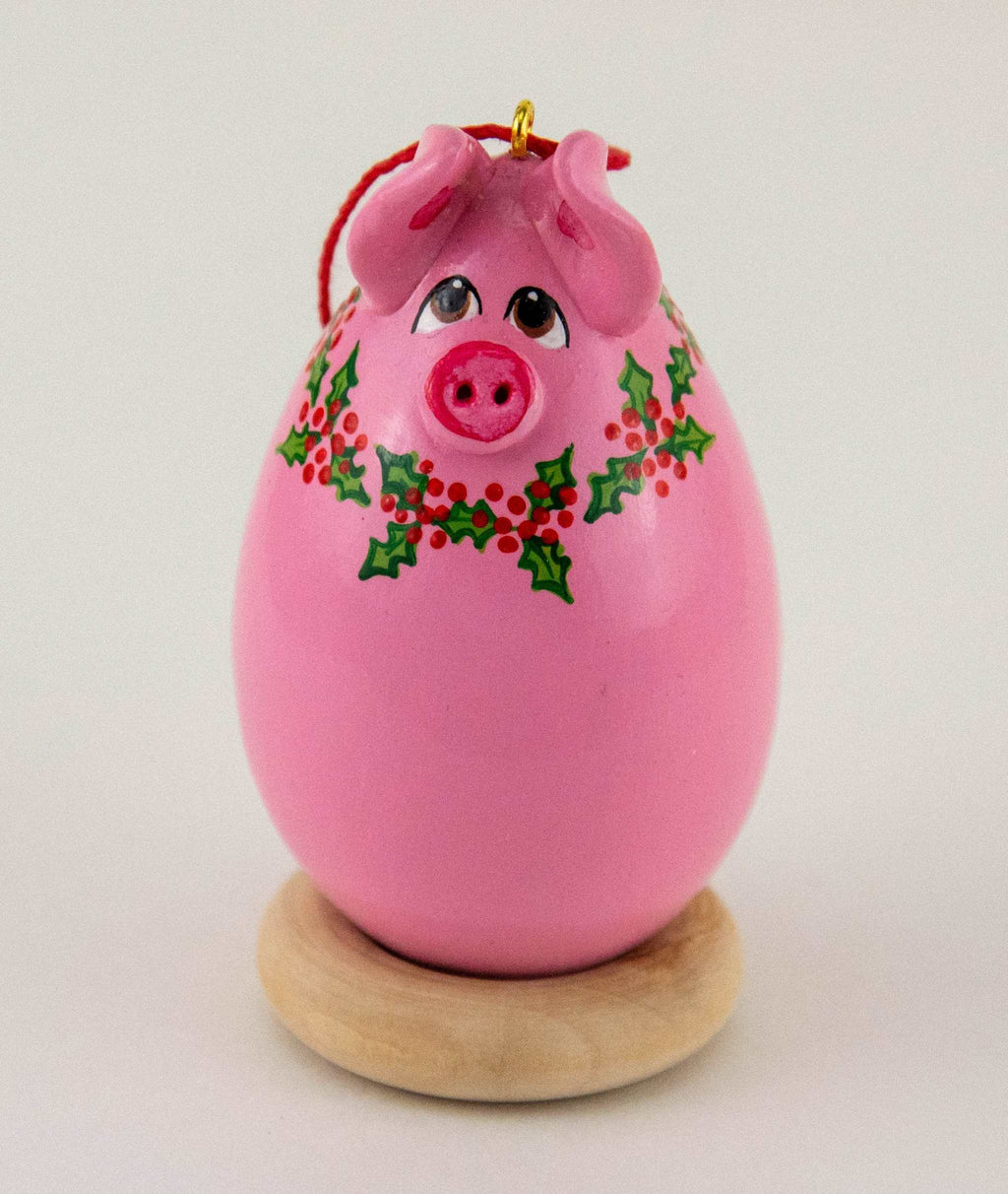 Pig Ornament - Gourd Art - Holly Wreath - Handmade