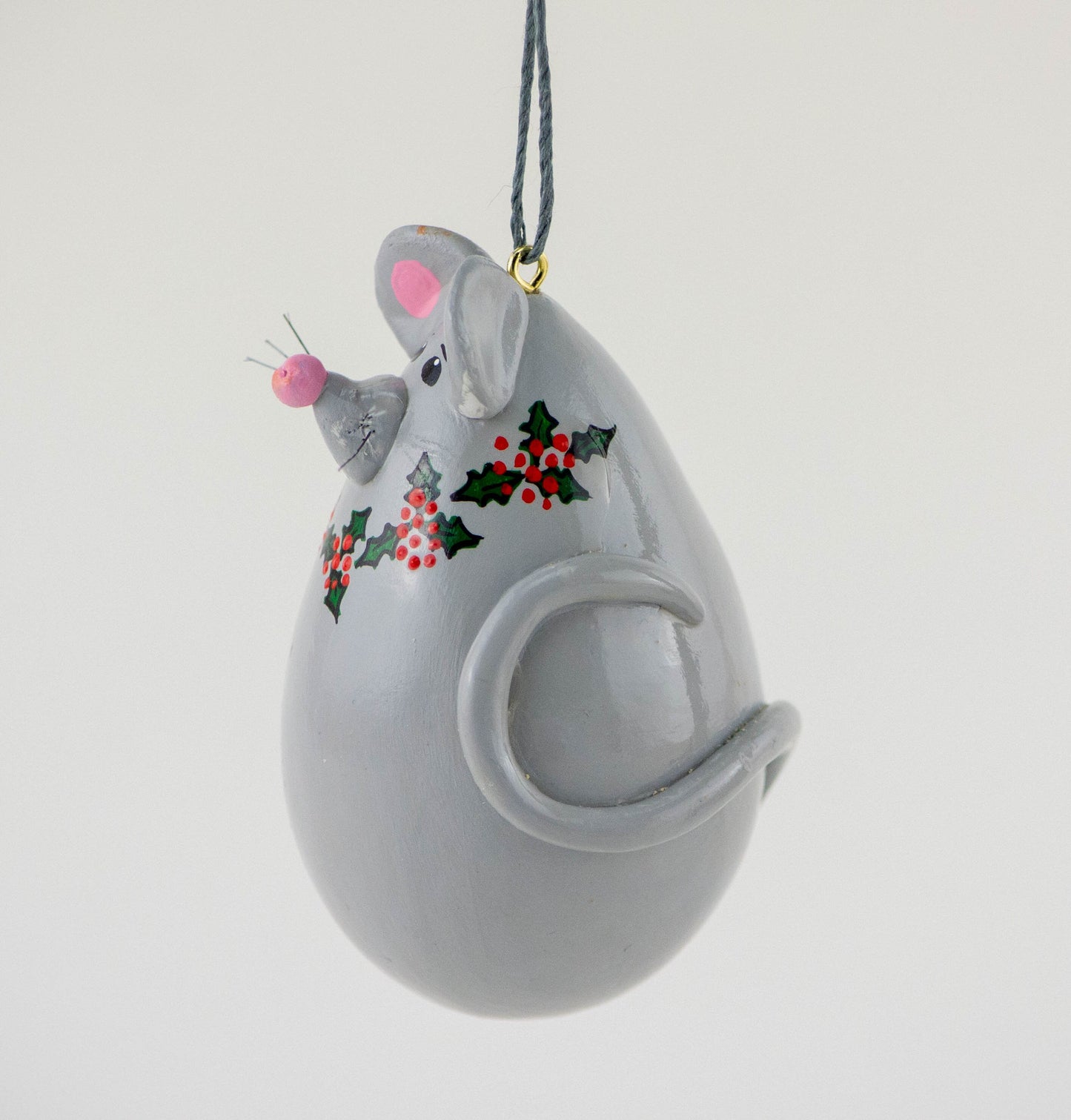 Mouse Ornament Gourd Ornament -  Gray Mouse - Holly Design - Handmade