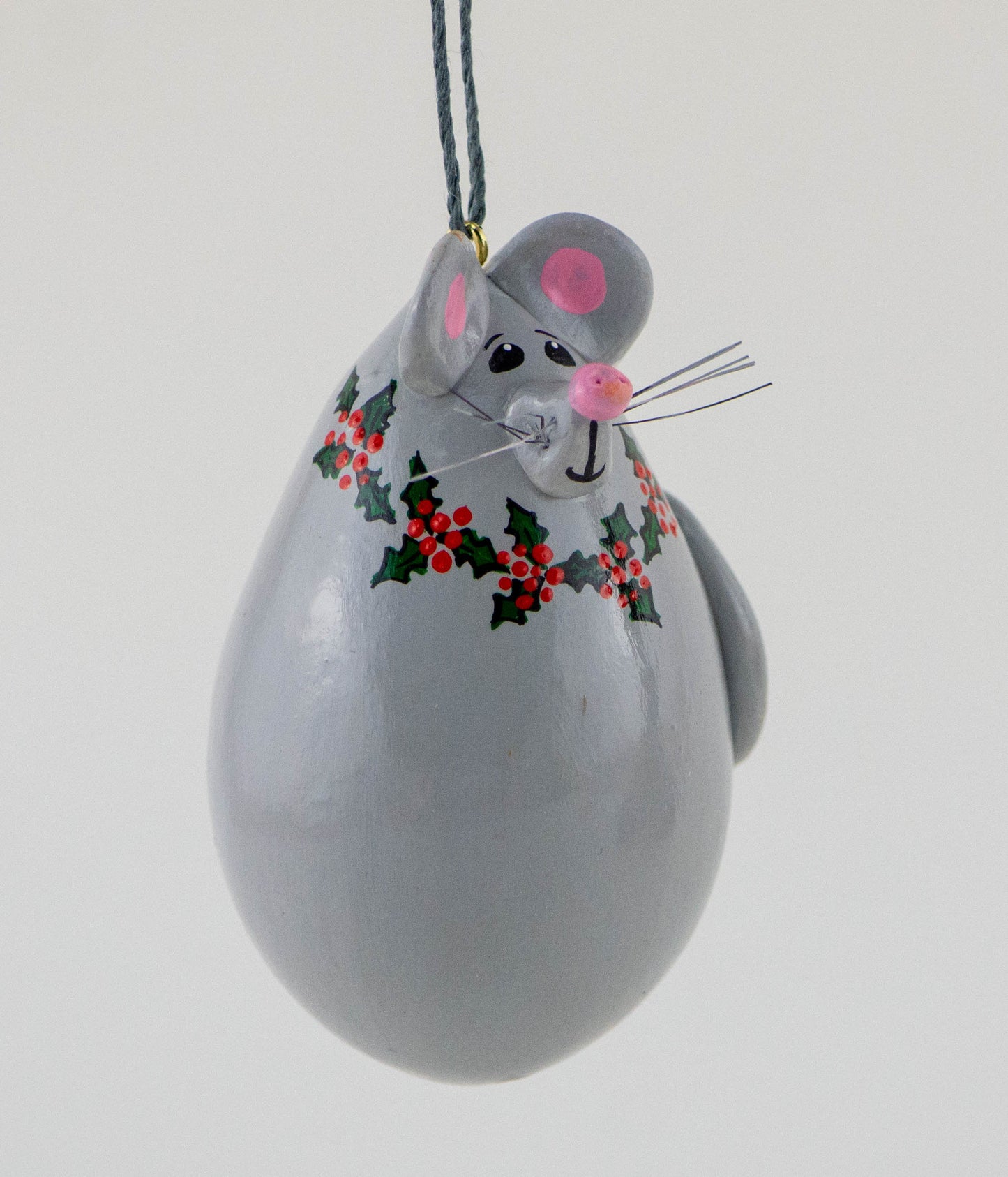 Mouse Ornament Gourd Ornament -  Gray Mouse - Holly Design - Handmade