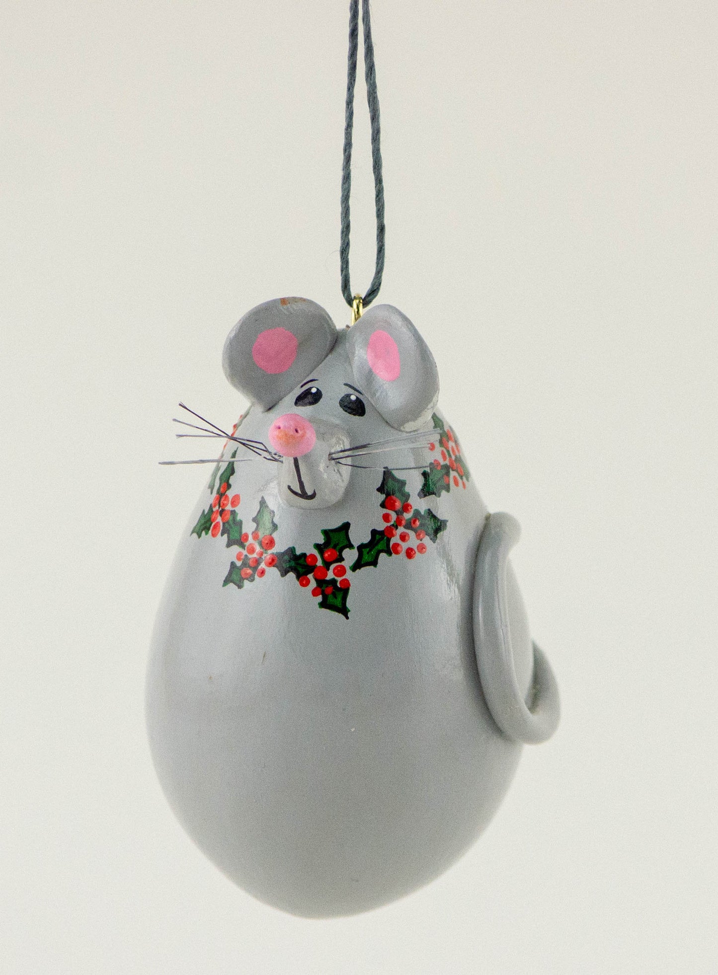 Mouse Ornament Gourd Ornament -  Gray Mouse - Holly Design - Handmade