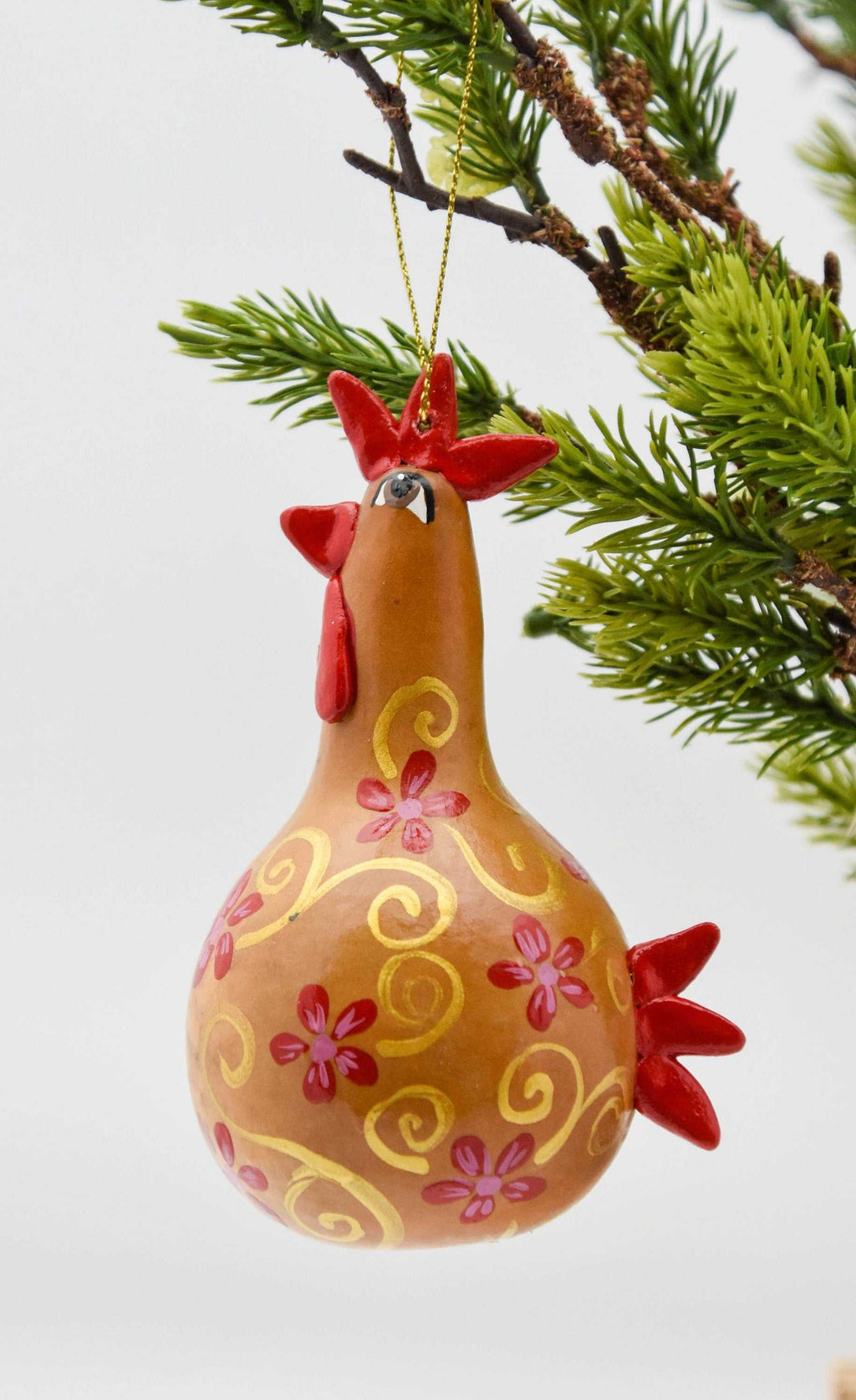 Buff Chicken Ornament - Gourd Art - Red Floral
