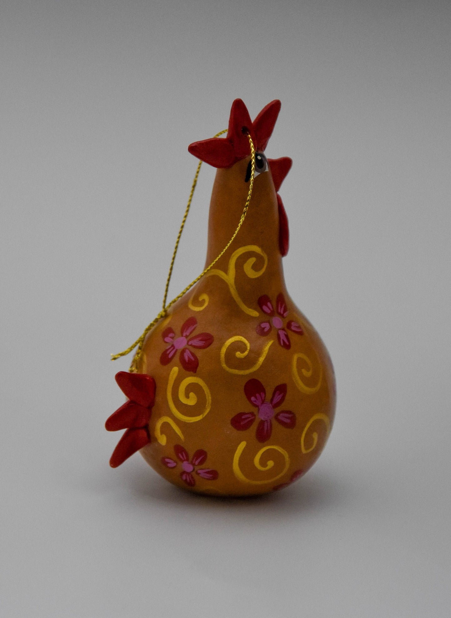 Buff Chicken Ornament - Gourd Art - Red Floral