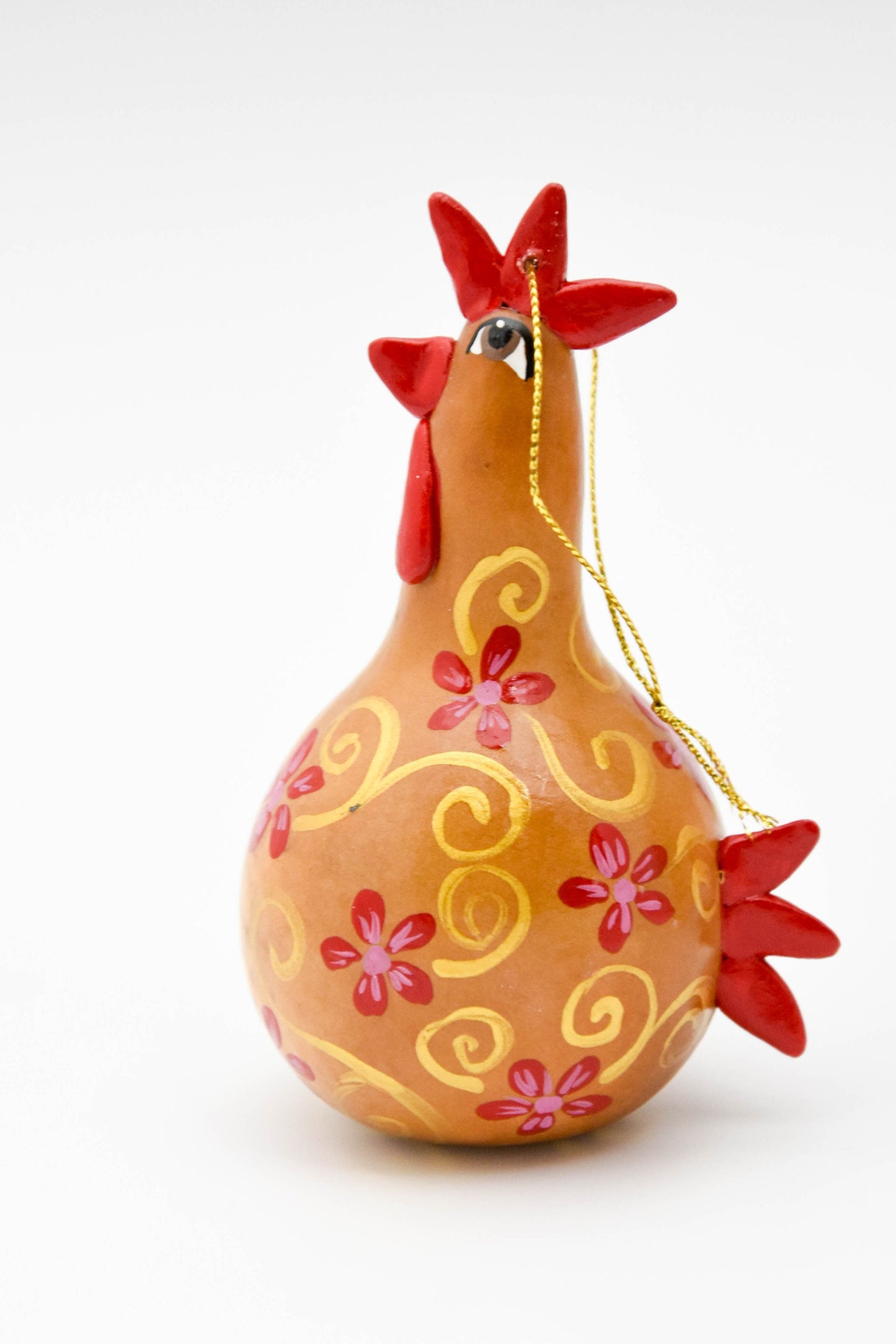 Buff Chicken Ornament - Gourd Art - Red Floral