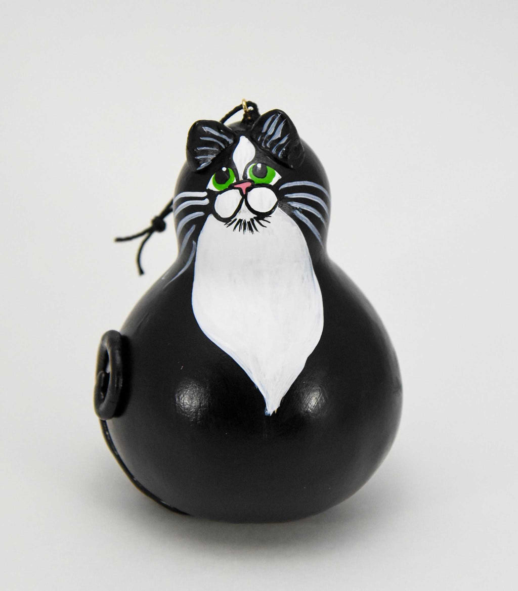 Handmade Tuxedo Cat Ornament painted on dried gourd with green eyes and hanging loop