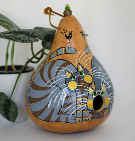 Painted Gourd Birdhouse - Gray Tabby