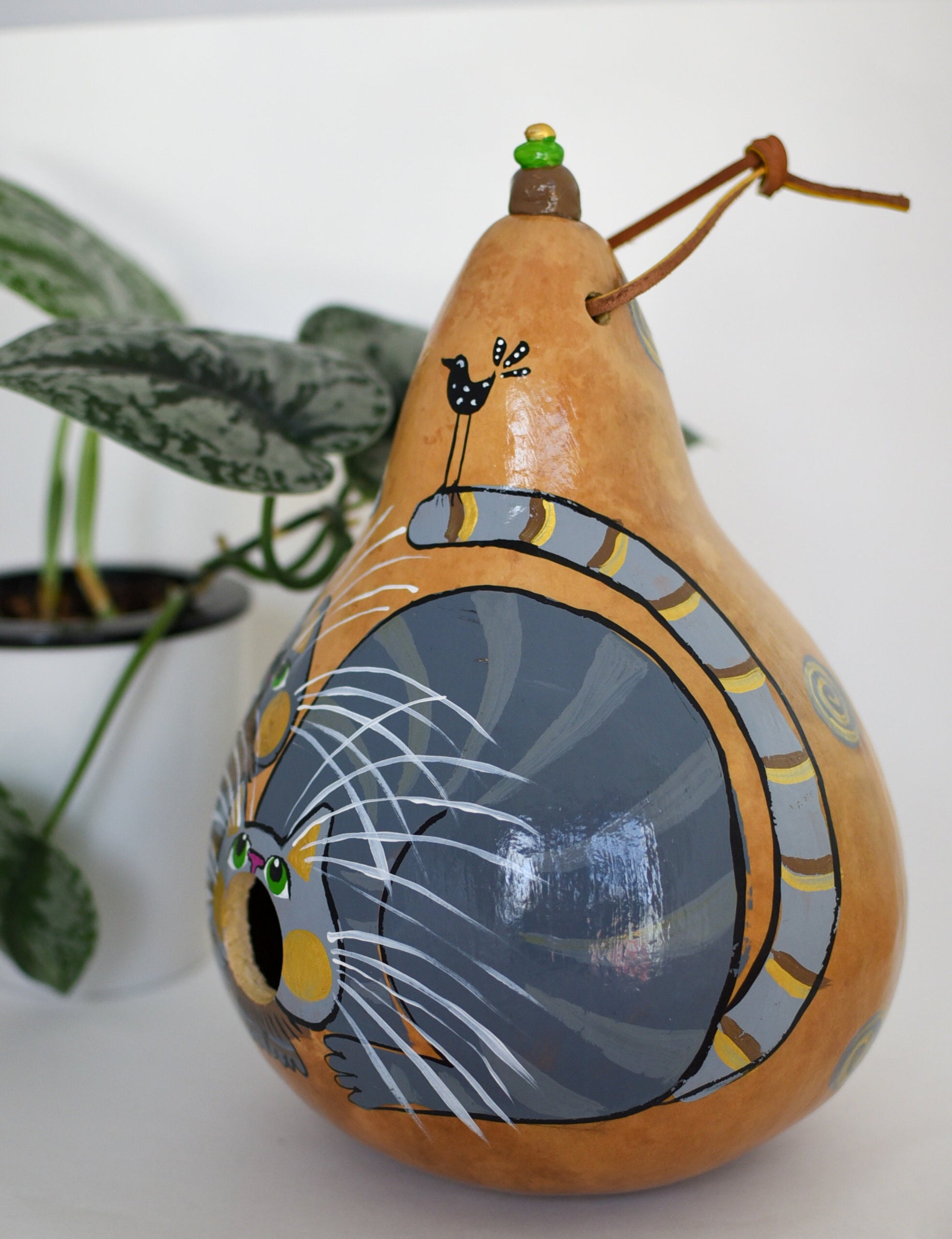 Painted Gourd Birdhouse - Gray Tabby