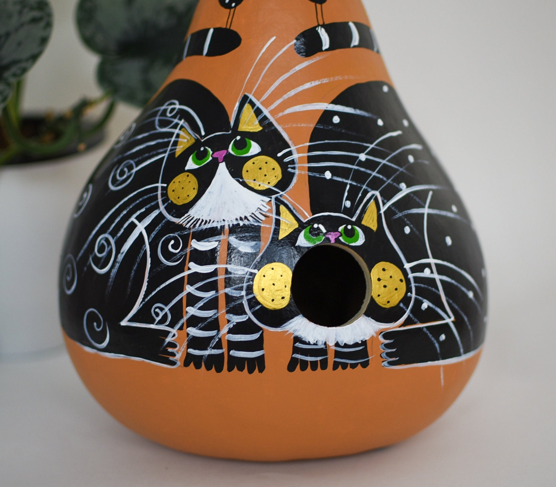 Black Cat,  Birdhouse,  Gourd Art,  Hand painted, Ready for the birds