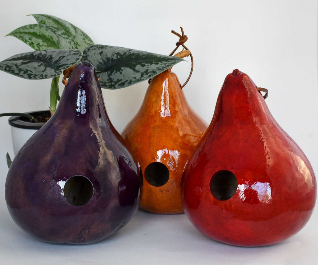 Set of 3 handmade gourd birdhouses in red, tan, and purple colors for outdoor garden décor