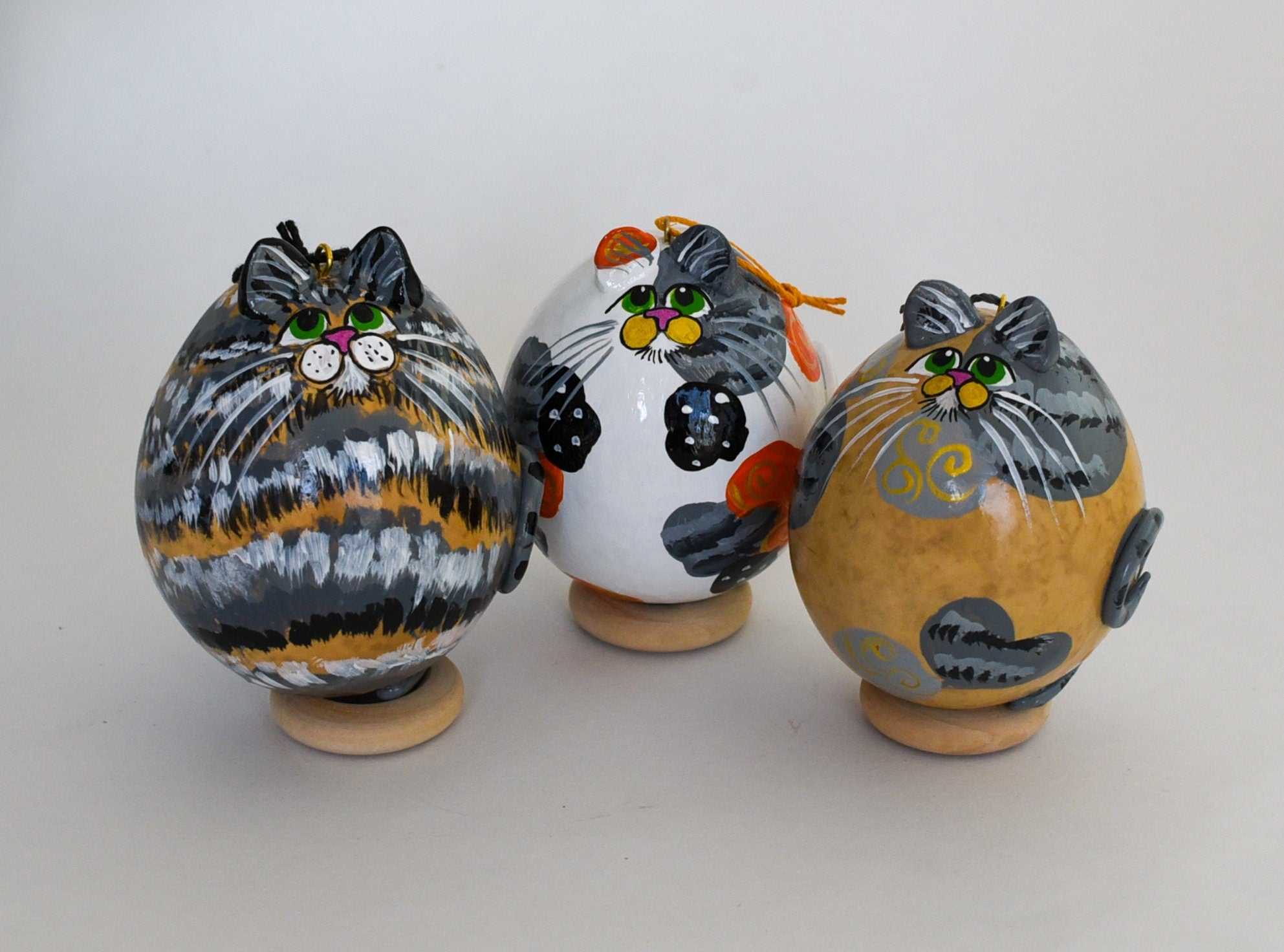 Cat Gourd Ornament Trio - Gray Cat - Calico Cat