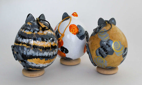 Cat Gourd Ornament Trio - Gray Cat - Calico Cat