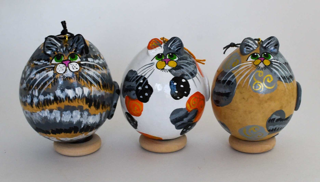 Cat Gourd Ornament Trio - Gray Cat - Calico Cat