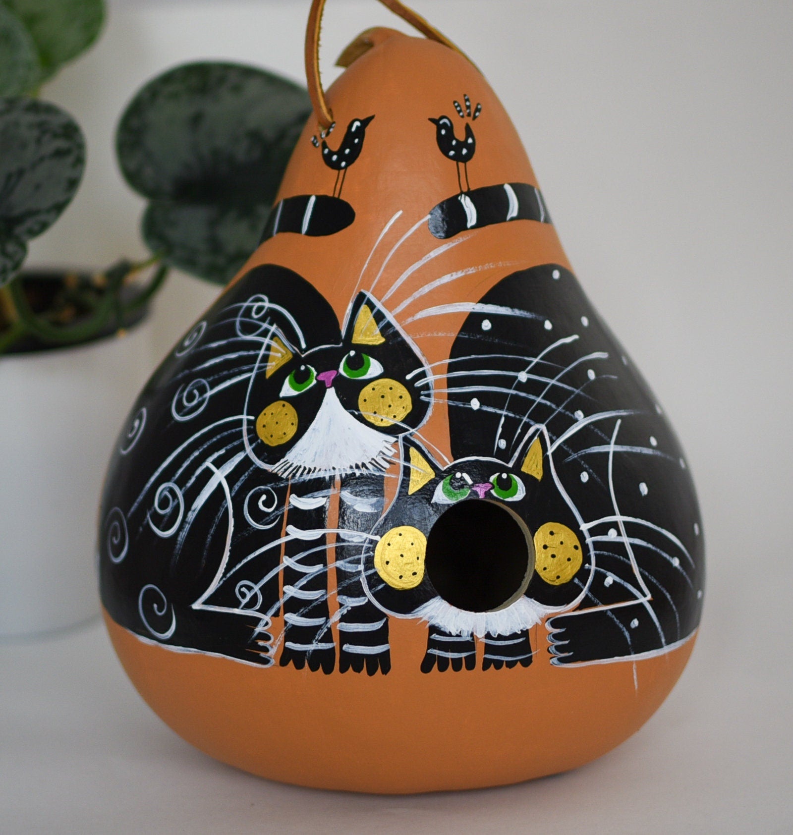 Black Cat,  Birdhouse,  Gourd Art,  Hand painted, Ready for the birds