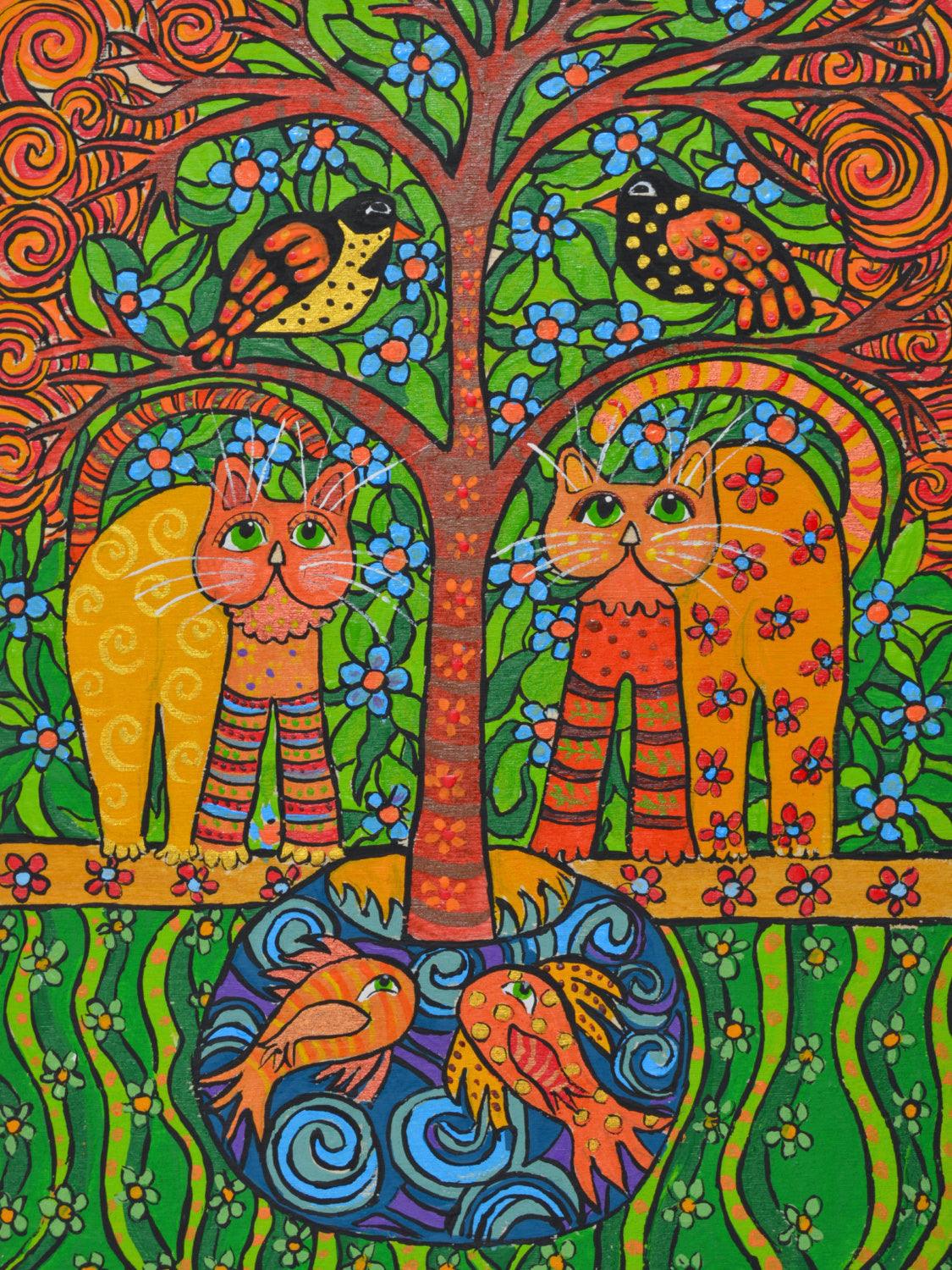 Cat Folk Art Acrylic on wood - Gourdaments