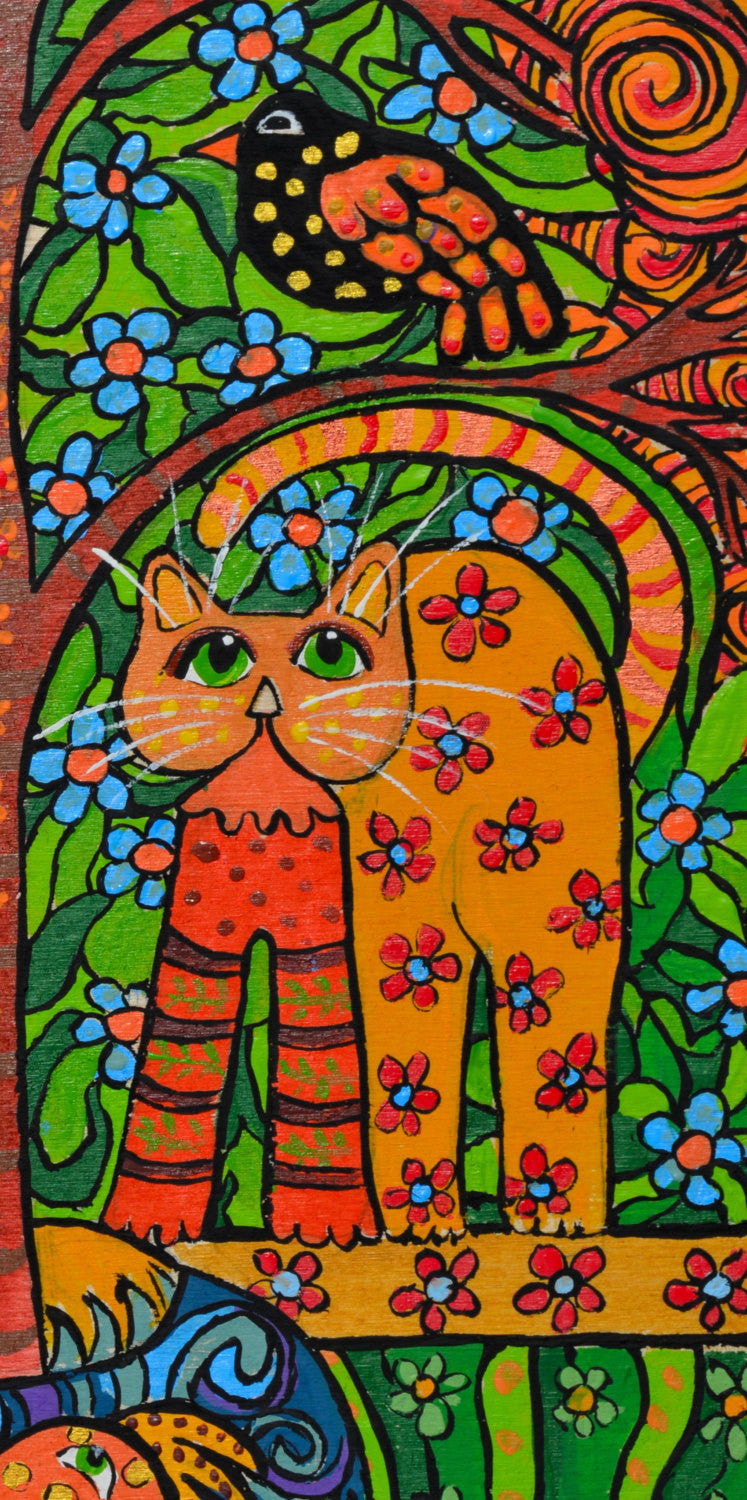 Cat Folk Art Acrylic on wood - Gourdaments