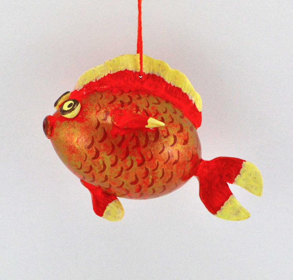 Handmade painted goldfish gourd ornament with red and yellow accents, unique holiday fishing gift.